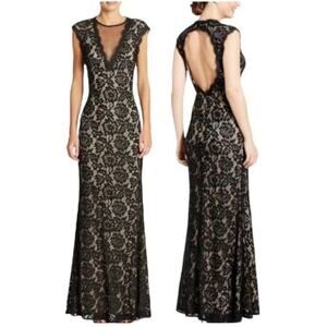 Betsy & Adam Maxi Mermaid Lace Dress Formal Cut Out Back Lined Size 6 Black Nude